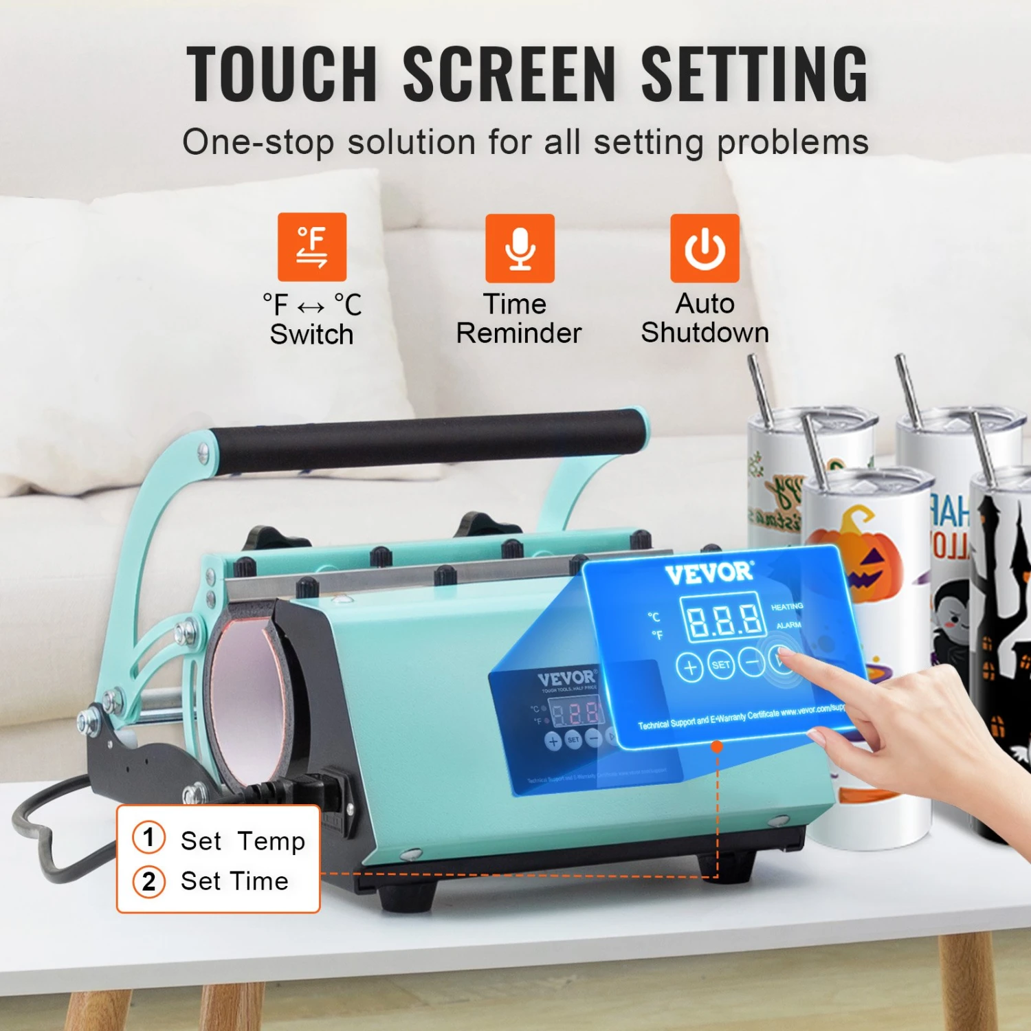 VEVOR Tumbler-Hitzepresse Und Sublimationsbecher, Tumbler-Presse-Set Mit 8 Stk. 20 Oz Blanko-Bechern, Tassenpresse Für 11-30 Oz Tumbler, Mit Wärmeübertragungspapier, Handschuhen, Klebeband 5 VEVOR Tumbler-Hitzepresse Und Sublimationsbecher, Tumbler-Presse-Set Mit 8 Stk. 20 Oz Blanko-Bechern, Tassenpresse Für 11-30 Oz Tumbler, Mit Wärmeübertragungspapier, Handschuhen, Klebeband – Bild 3