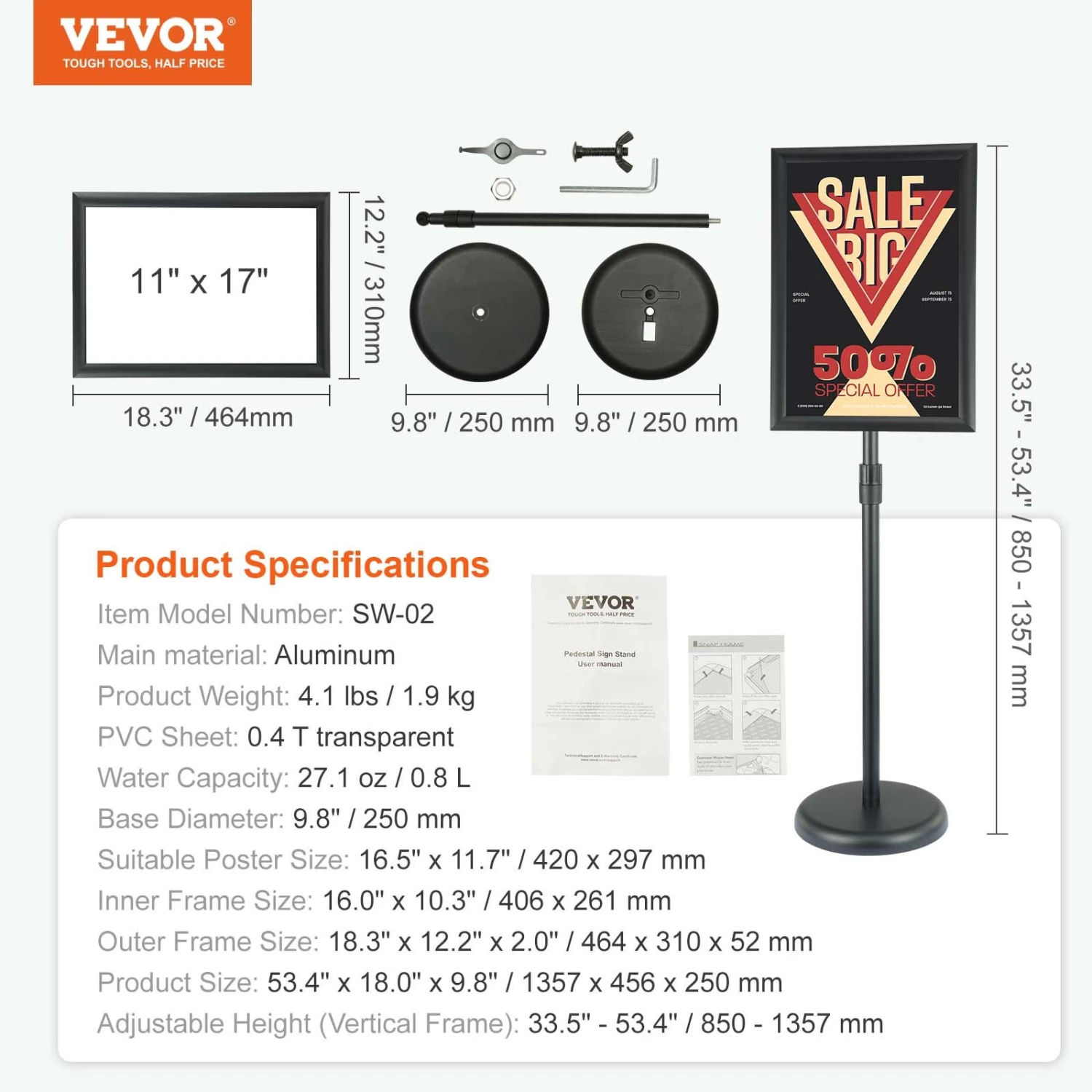 VEVOR Informationsständer 27,9 X 43,2 Cm Vertikal & Horizontal Verstellbarer Posterständer, Robuster Bodenstehender Schilderhalter Mit Runder Basis Für Displays, Werbung Und Den Außenbereich Schwarz 9 VEVOR Informationsständer 27,9 X 43,2 Cm Vertikal & Horizontal Verstellbarer Posterständer, Robuster Bodenstehender Schilderhalter Mit Runder Basis Für Displays, Werbung Und Den Außenbereich Schwarz – Bild 7