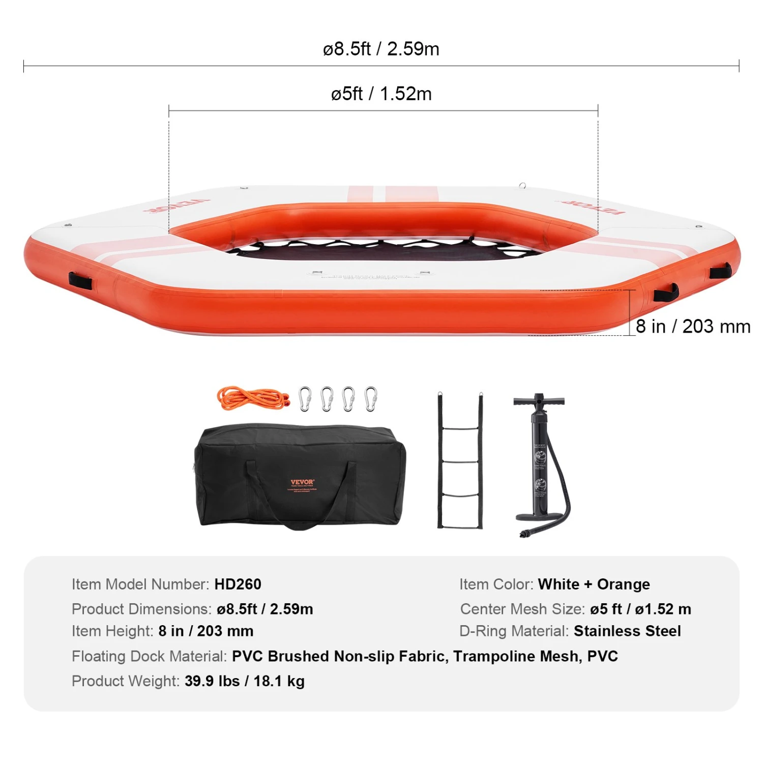 VEVOR Aufblasbares Schwimmdock, Ø 2,6 M, Dockplattform Mit Ø 1,5 M Trampolinnetzpool, Rutschfeste Schwimmende Plattform-Wassermatte Mit Tragbarer Tasche Und Abnehmbarer Leiter Zum Entspannen Am Pool 9 VEVOR Aufblasbares Schwimmdock, Ø 2,6 M, Dockplattform Mit Ø 1,5 M Trampolinnetzpool, Rutschfeste Schwimmende Plattform-Wassermatte Mit Tragbarer Tasche Und Abnehmbarer Leiter Zum Entspannen Am Pool – Bild 7
