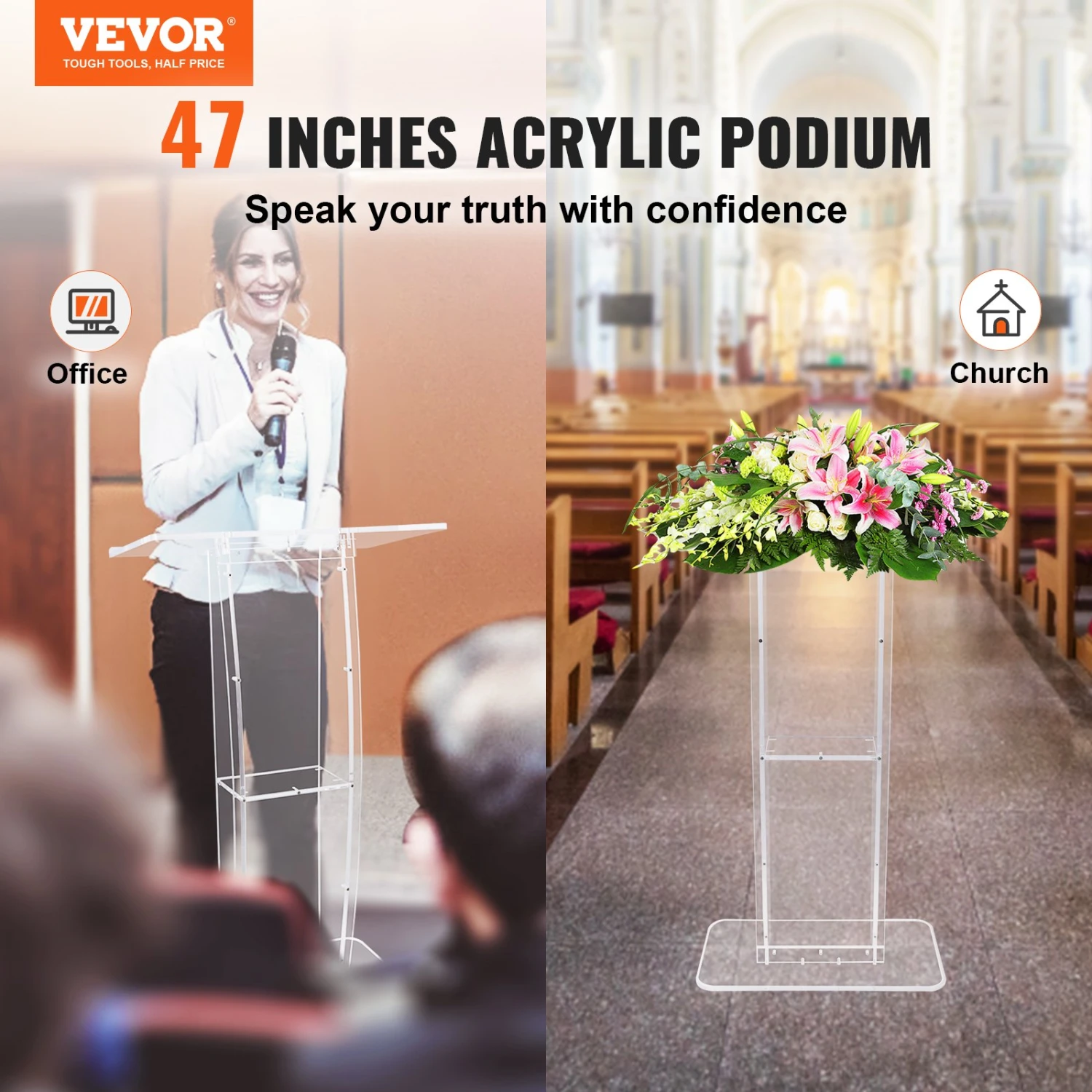 VEVOR Acryl-Podium, 47" Hoch, Klarer Acryl-Podiumsständer Mit Breiter Lesefläche Und Ablagefach, Bodenstehende, Klare Kanzeln Aus Acryl Für Kirche, Büro, Schule 4 VEVOR Acryl-Podium, 47" Hoch, Klarer Acryl-Podiumsständer Mit Breiter Lesefläche Und Ablagefach, Bodenstehende, Klare Kanzeln Aus Acryl Für Kirche, Büro, Schule – Bild 2