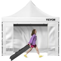 VEVOR Pavillon Faltpavillon 3x3m Faltpavillon 240g PVC-beschichtetes Polyester Pop-Up-Pavillon 1,95-2,13m Einstellbar Partyzelt Festzelt Strandzelt Weiß