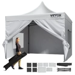 VEVOR Pavillon 304,8x304,8x320cm Gartenzelt 500D PU-Silber-Gewebe Faltpavillon Höhenverstellbar Inkl. Aufbewahrungstasche Partyzelt 6-8 Personen Pop Up Zelt Weiß Gartenpavillon Für Campingausflug