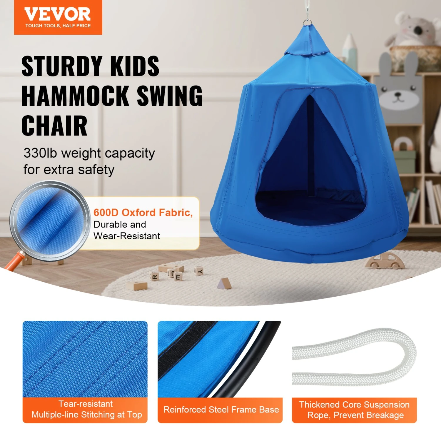 VEVOR Hängende Baumzelt-Deckenschaukel-Hängematte Für Kinder, 46" H X 43,4" Durchmesser. Blau 4 VEVOR Hängende Baumzelt-Deckenschaukel-Hängematte Für Kinder, 46" H X 43,4" Durchmesser. Blau – Bild 2