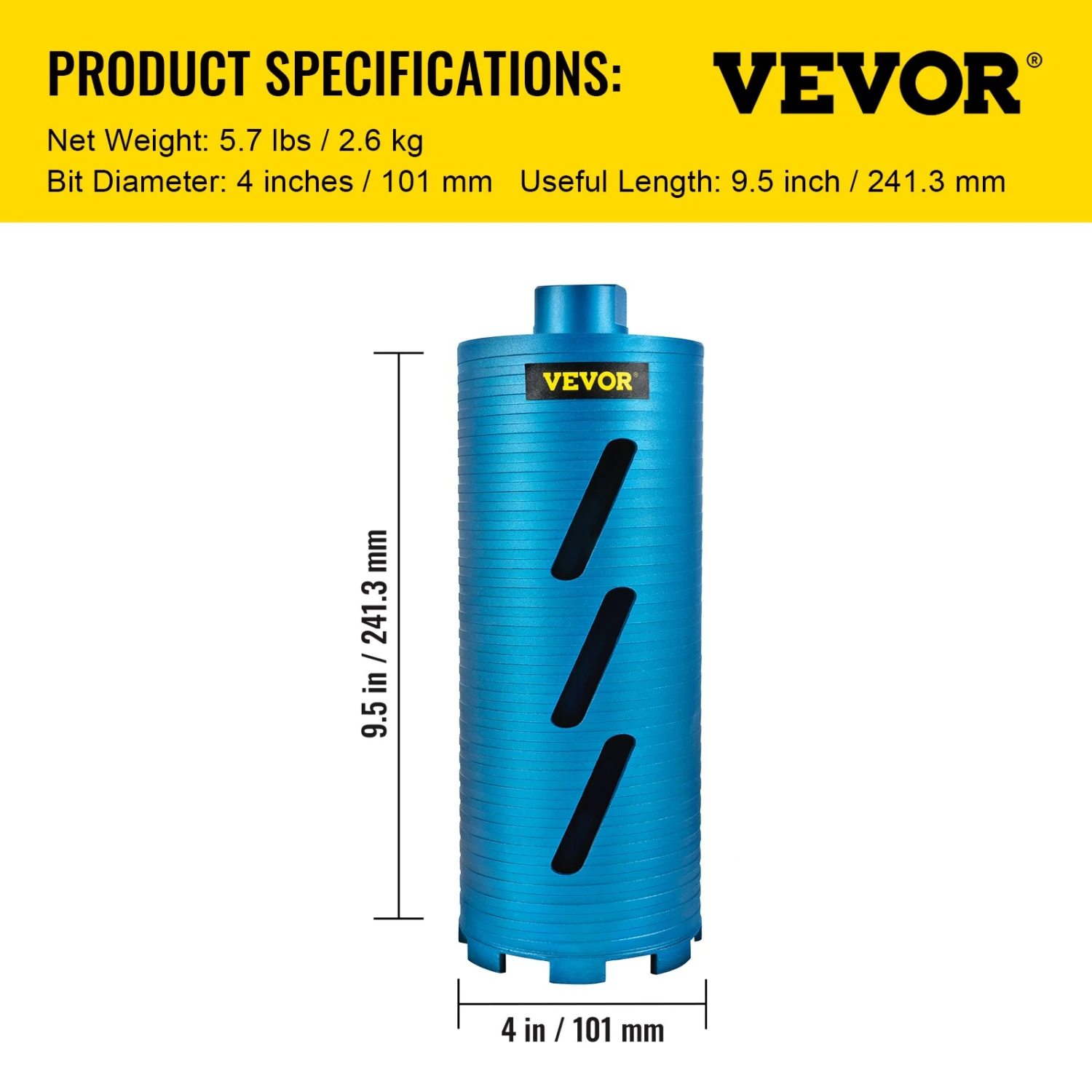 VEVOR Kernbohrer, 101,6 Mm Durchmesser, 5/8 Zoll-11 Schaftdorn Mit Führungsbohrer Und 4,5 Zoll Klinge, 241,3 Mm Tiefe, Diamant-Trockenbohrwerkzeug, Lochsägen-Bits Für Mauerwerk 9 VEVOR Kernbohrer, 101,6 Mm Durchmesser, 5/8 Zoll-11 Schaftdorn Mit Führungsbohrer Und 4,5 Zoll Klinge, 241,3 Mm Tiefe, Diamant-Trockenbohrwerkzeug, Lochsägen-Bits Für Mauerwerk – Bild 7