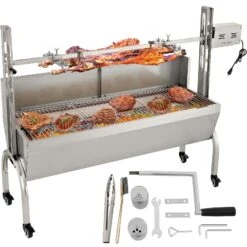 VEVOR Rotisserie-Grill, Edelstahl, Schweinelamm, Haubenbräter, 127 Cm, Elektrischer Holzkohlespieß, Mit 40-W-Motor Und Höhenverstellbaren, Feststellbaren Rollen, Für Outdoor, Camping, Party, Grill