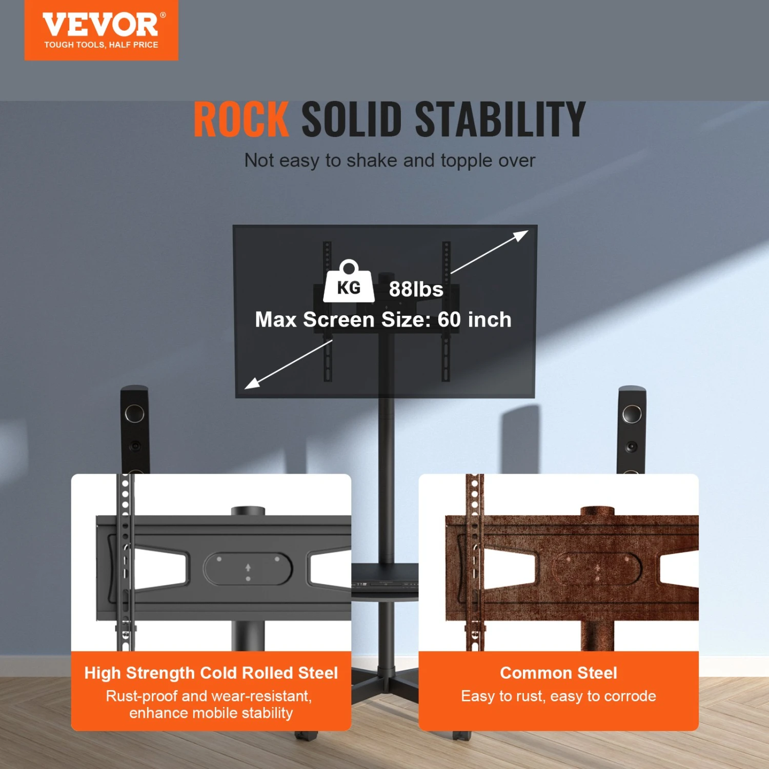 VEVOR TV Ständer Mit Rollen Universal 1430–1538 Mm Höhenverstellbar, 100 X 100 Mm / 400 X 400 Mm, 39,9 Kg Belastbarer Bodenständer Standfuß Passend Für 58,42-152,4 Cm Fernsehen, TV-Halterung 4 VEVOR TV Ständer Mit Rollen Universal 1430–1538 Mm Höhenverstellbar, 100 X 100 Mm / 400 X 400 Mm, 39,9 Kg Belastbarer Bodenständer Standfuß Passend Für 58,42-152,4 Cm Fernsehen, TV-Halterung – Bild 2