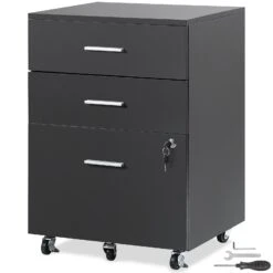 VEVOR 3-Stockiger Aktenschrank Beistellcontainer Mit 3 Schubladen + 2 Schlüsseln, 63,5 Kg Belastbar Tragfähigkeit, Büro Wohnzimmer Lagerschrank, 450 X 400 X 650 Mm Metallschrank Rollcontainer