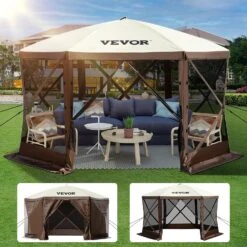 VEVOR Pavillon-Zelt, 3,6 X 3,6 M, 6-seitiges Pop-up-Camping-Überdachungszelt Mit Netzfenstern, Tragbarer Tragetasche, Erdnägeln, Großen Schattenzelten Für Camping Im Freien, Rasen Und Hinterhof