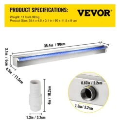 VEVOR Schwimmbad-Wasserfall-Spiller, 90 X 11,5 X 8 Cm, Edelstahl-Schwimmbad-Wasserspiel Mit Buntem LED-Streifen, Schlauchanschluss, Fernbedienung, Korrosionsbeständig Fontäne Für Teich Pool -Geschäft Für Heimwerkzeuge de2FPQSBJPJSWLED90001V22Foriginal img v12Fwaterfall blade f6