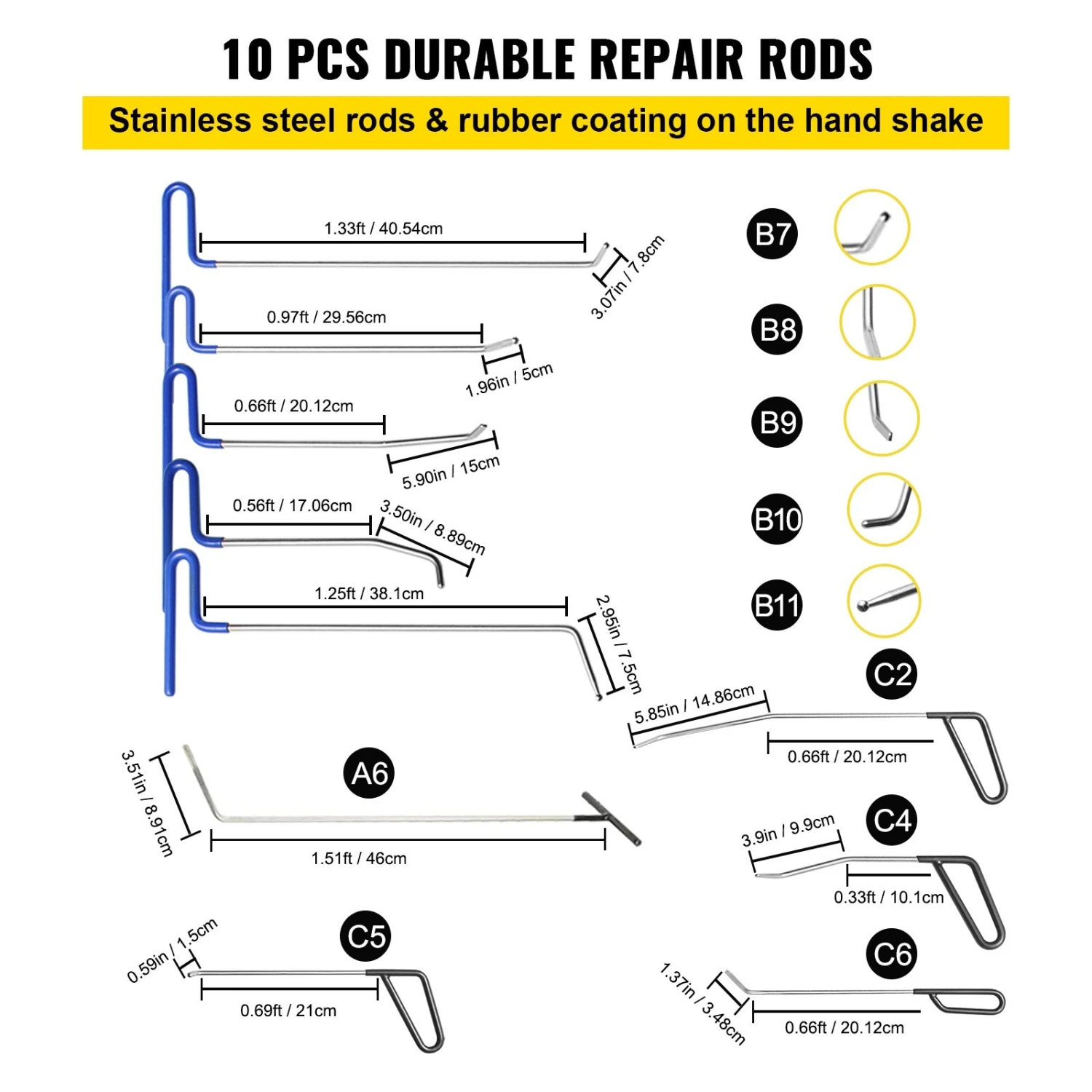 VEVOR 89-teilig Auto Dellen Reparaturset, Paintless Ausbeulwerkzeug, Dent Repair Set Removal Dent Tool, T-förmigen Dellen Abzieher / 10 Stangen (A6, B7-B11, C2, C4-C6) / Goldener Dellenheber 7 VEVOR 89-teilig Auto Dellen Reparaturset, Paintless Ausbeulwerkzeug, Dent Repair Set Removal Dent Tool, T-förmigen Dellen Abzieher / 10 Stangen (A6, B7-B11, C2, C4-C6) / Goldener Dellenheber – Bild 5
