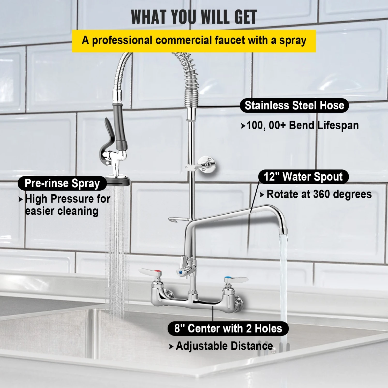VEVOR Kommerzieller Wasserhahn Mit Zerstäuber, 20,3 Cm Verstellbarer Mittelwandmontage-Küchenarmatur Mit 30,5 Cm Schwenkbarem Auslauf, 119,6 Cm Hoher Spültischarmatur Für Industrielle Restaurants 5 VEVOR Kommerzieller Wasserhahn Mit Zerstäuber, 20,3 Cm Verstellbarer Mittelwandmontage-Küchenarmatur Mit 30,5 Cm Schwenkbarem Auslauf, 119,6 Cm Hoher Spültischarmatur Für Industrielle Restaurants – Bild 3