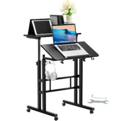 VEVOR Laptoptisch Höhenverstellbar 670–1140 Mm Notebooktisch Projektionstisch, Weiß Laptoptisch Rollbar 600 X 600 Mm Mobiler Schreibtisch Pflegetisch Computerschreibtisch Workstation Doppelschicht