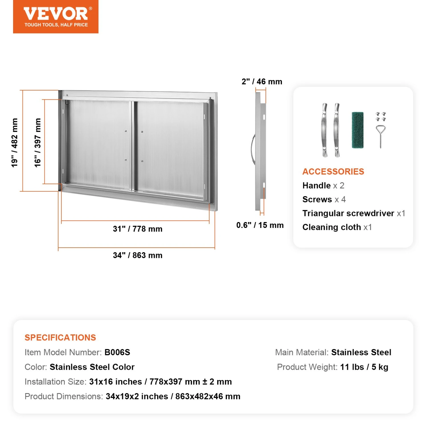 VEVOR Grill-Zugangstür, 863 X 482 X 46 Mm, Doppelte Außenküchentür, Flächenbündig Montierte Edelstahltür, Vertikale Wandtür Mit Griffen, Für Grillinsel, Grillstation, Außenschrank Usw. 9 VEVOR Grill-Zugangstür, 863 X 482 X 46 Mm, Doppelte Außenküchentür, Flächenbündig Montierte Edelstahltür, Vertikale Wandtür Mit Griffen, Für Grillinsel, Grillstation, Außenschrank Usw. – Bild 7
