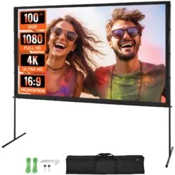 VEVOR Projektion Beamer Leinwand Mit Ständer 100 Zoll HD 4K Outdoor Indoor Projektor Screen Schnelles Klappbare Tragbare Filmleinwand 16: 9 Für Heimkino, Camping Und Freizeitveranstaltungen Schwarz
