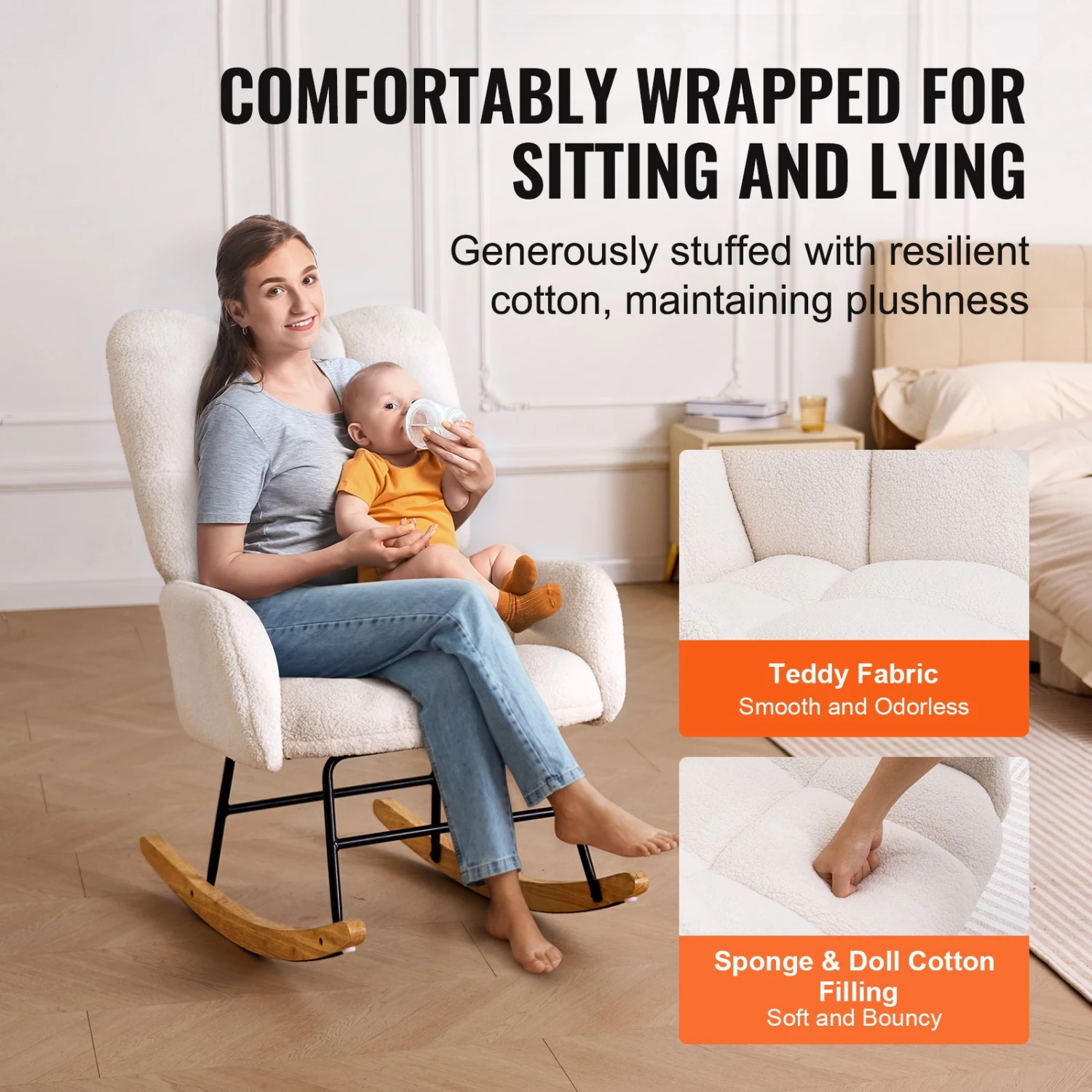 VEVOR Schaukelstuhl Für Kinderzimmer, 113,4 Kg Tragkraft, Mit Teddystoff Gepolstert, Mit Weicher Sitzfläche & Hoher Rückenlehne, Stillstuhl Für Kinderzimmer, Schlafzimmer, Wohnzimmer, Elfenbeinweiß 5 VEVOR Schaukelstuhl Für Kinderzimmer, 113,4 Kg Tragkraft, Mit Teddystoff Gepolstert, Mit Weicher Sitzfläche & Hoher Rückenlehne, Stillstuhl Für Kinderzimmer, Schlafzimmer, Wohnzimmer, Elfenbeinweiß – Bild 3