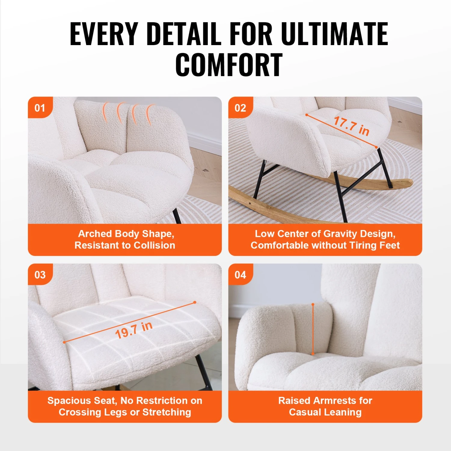 VEVOR Schaukelstuhl Für Kinderzimmer, 113,4 Kg Tragkraft, Mit Teddystoff Gepolstert, Mit Weicher Sitzfläche & Hoher Rückenlehne, Stillstuhl Für Kinderzimmer, Schlafzimmer, Wohnzimmer, Elfenbeinweiß 8 VEVOR Schaukelstuhl Für Kinderzimmer, 113,4 Kg Tragkraft, Mit Teddystoff Gepolstert, Mit Weicher Sitzfläche & Hoher Rückenlehne, Stillstuhl Für Kinderzimmer, Schlafzimmer, Wohnzimmer, Elfenbeinweiß – Bild 6