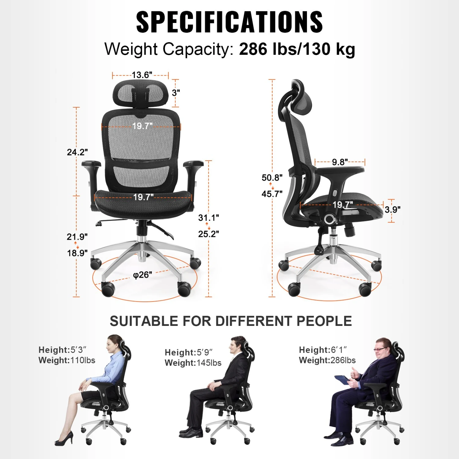 VEVOR Bürostuhl Ergonomisch, Schreibtischstuhl Mit Verstellbarer Kopfstütze 80 Mm, Mit Armlehnen Lendenwirbelstütze, Drehstuhl Wippfunktion, Chefsessel Aus Mesh, Rückenschonend, Bürostuhl 130 Kg 9 VEVOR Bürostuhl Ergonomisch, Schreibtischstuhl Mit Verstellbarer Kopfstütze 80 Mm, Mit Armlehnen Lendenwirbelstütze, Drehstuhl Wippfunktion, Chefsessel Aus Mesh, Rückenschonend, Bürostuhl 130 Kg – Bild 7