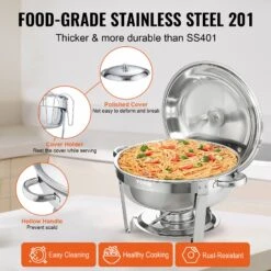 VEVOR Edelstahl Chafing Dish Set Rund 5,38 L 4 Stk. Speisenwärmer Wärmebehälter Suppenwärmer, Speisen Warmhaltebehälter Suppentopf Chafing Dishes Set Mit 2 Brennstoffbehälter Für Catering Buffet -Geschäft Für Heimwerkzeuge de2FYXKCL4JTYXBX30CYDV02Foriginal img v12Fchafing dish f2