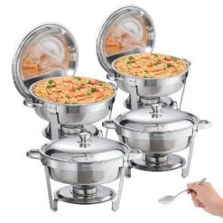 VEVOR Edelstahl Chafing Dish Set Rund 5,38 L 4 Stk. Speisenwärmer Wärmebehälter Suppenwärmer, Speisen Warmhaltebehälter Suppentopf Chafing Dishes Set Mit 2 Brennstoffbehälter Für Catering Buffet